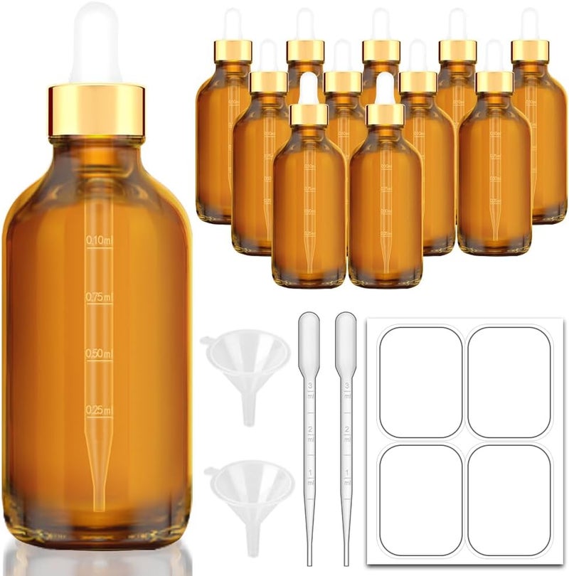 Bumobum Dropper Bottles, 4oz Amber Glass Eye Dropper Bottle for Essential Oils with Labels and Funnels, 12 Pack Tincture Bottles with Golden Top (Unbreakable Plastic Dropper with Measurements) - Image 1